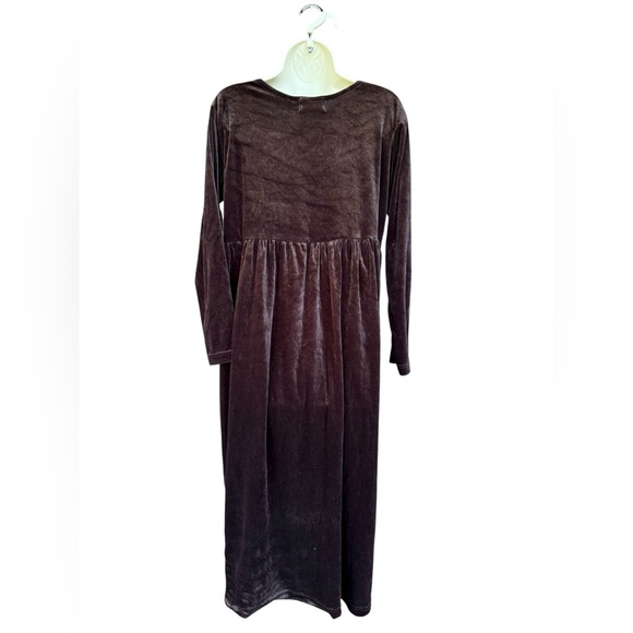 Vintage 90s Velveteen Babydoll Midi Dress Brown Embroidered Fairy Grunge Large - Picture 7 of 12